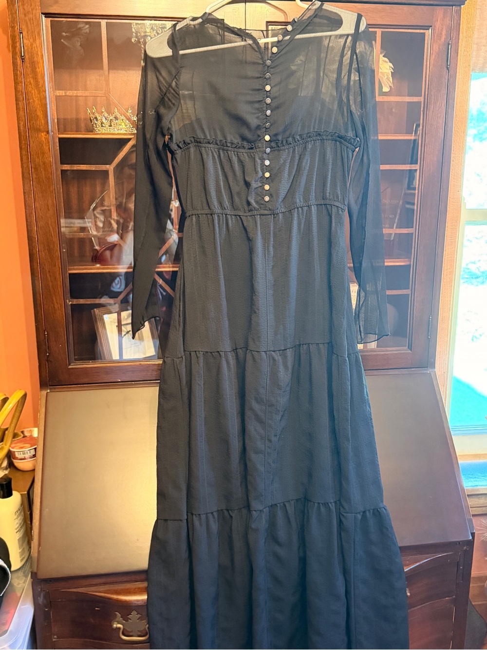 Pamela Love Black Long-Sleeve Tiered Maxi Dress with Button Placket